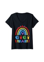 Womens Gigi Rainbow Birthday Boy Girl Grandma Bday Party V-Neck T-Shirt