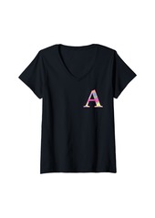 Womens Girls Colorful Rainbow Polka Dot Monogram Initial Letter A V-Neck T-Shirt