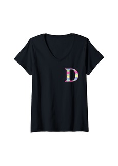 Womens Girls Colorful Rainbow Polka Dot Monogram Initial Letter D V-Neck T-Shirt