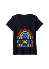 Womens Glamma Rainbow Birthday Boy Girl Grandma Bday Party V-Neck T-Shirt