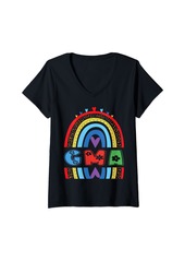 Womens Gma Rainbow Birthday Boy Girl Grandma Bday Party V-Neck T-Shirt