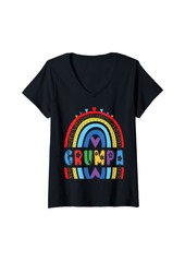 Womens Grumpa Rainbow Birthday Boy Girl Grandpa Bday Party V-Neck T-Shirt