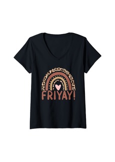Womens Happy Fri-Yay Friday Lovers Fun Teacher Leopard Rainbow V-Neck T-Shirt