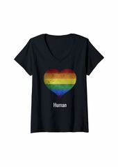 Womens Human Rainbow Heart Gay Pride LGBTQ Vintage Retro Women Men V-Neck T-Shirt