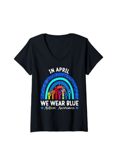 Rainbow Womens In April We Wear Blue Autism Awareness Shirt Matching Family V-Neck T-Shirt