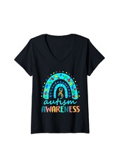 Rainbow Womens In April We Wear Blue Autism Awareness Shirt Matching Family V-Neck T-Shirt
