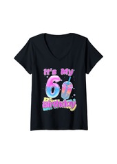 Rainbow Womens It's My 6th Birthday Girl 6 Yrs Old Bubble Boba Tea Anime V-Neck T-Shirt