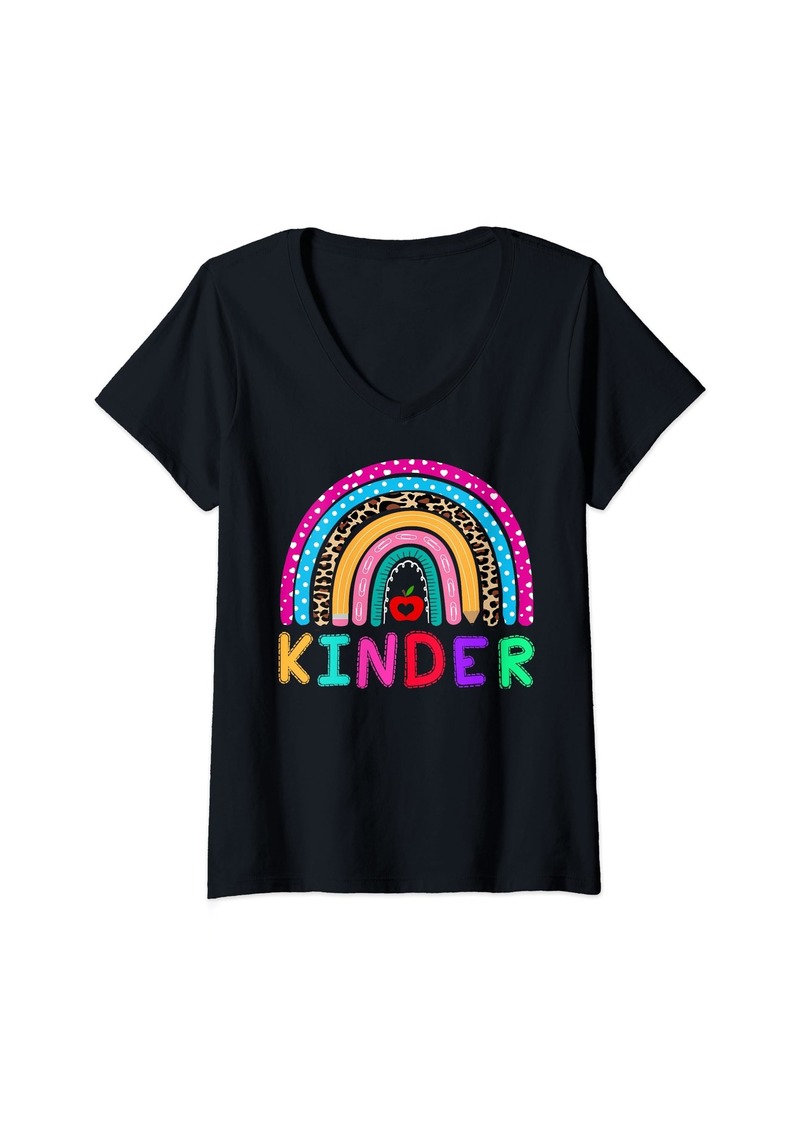Womens Kinder Rainbow Teacher Team Kindergarten Squad Girls Boys V-Neck T-Shirt