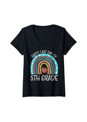 Womens Last Day Of 5th Grade Students Teacher Graduation Rainbow V-Neck T-Shirt
