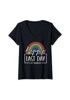 Rainbow Womens Last Day Of School 2024 design for teachers summer vacation V-Neck T-Shirt