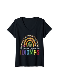 Rainbow Womens Leopard Mi Corazon late en dos idiomas Bilingual teachers V-Neck T-Shirt