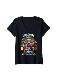 Womens Leopard Rainbow Principal Life Welcome Back To School V-Neck T-Shirt