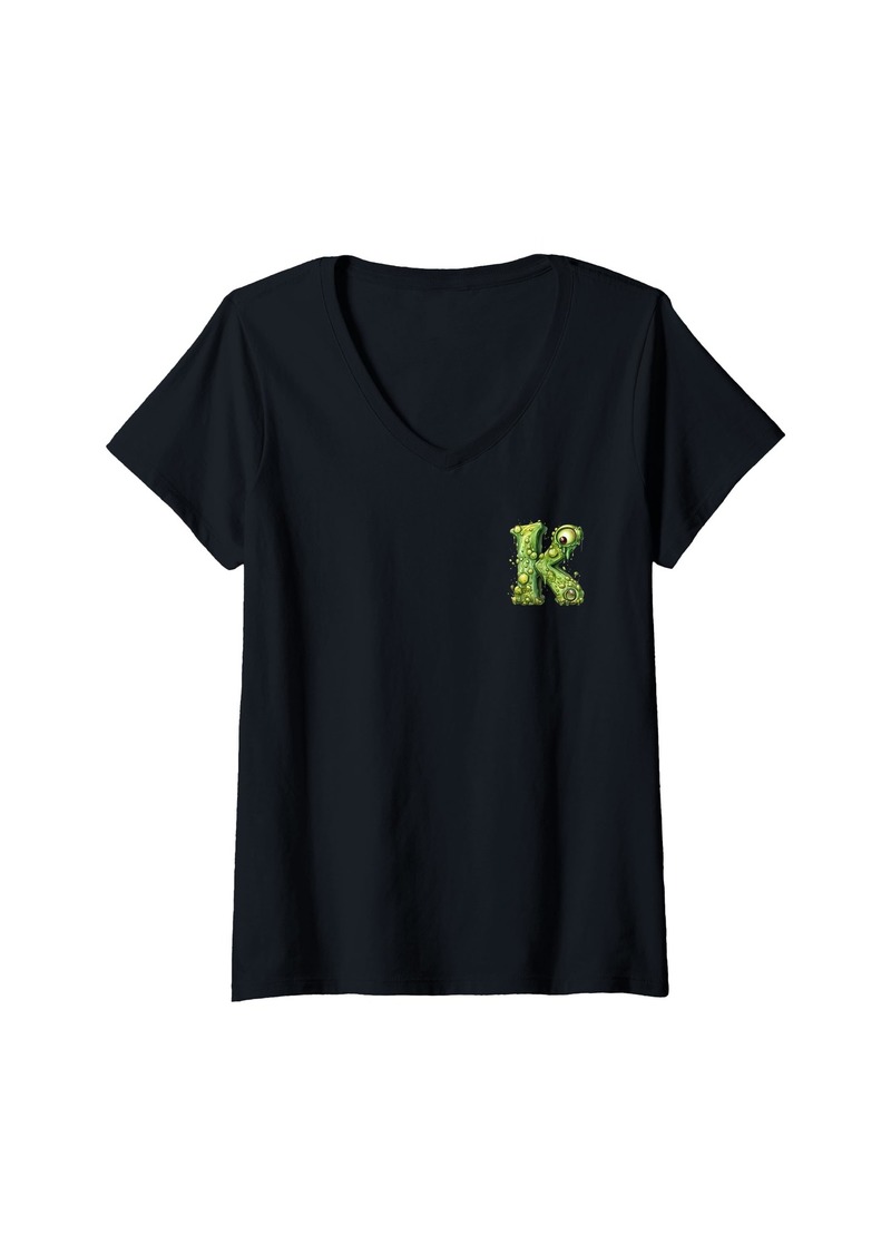 Womens Letter K Cute Rainbow Monster Halloween Letter Patch V-Neck T-Shirt