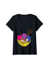 Womens LGBTQ Rainbow Bisexual Pride Flag Cats In Ramen Anime Ally V-Neck T-Shirt