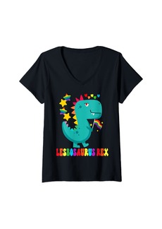 Rainbow Womens LGBTQIA+ lgbt support dinosaur cute month lesbosaurus rex V-Neck T-Shirt