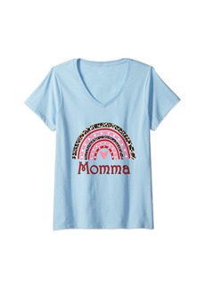 Womens Momma Leopard Rainbow Shirts Momma Mothers Day Gift For V-Neck T-Shirt