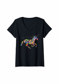 Womens Multicolored Rainbow Unicorn Horse Artistic Confetti Design V-Neck T-Shirt