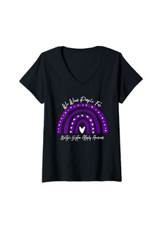 Womens Multiple System Atrophy Awareness Wear Purple Rainbow Heart V-Neck T-Shirt