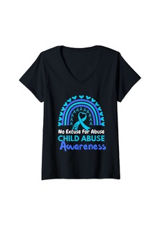 Rainbow Womens No Excuse For Abuse Child Abuse awareness Bleu Ribbon V-Neck T-Shirt