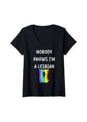 Womens Nobody Knows I'm A Lesbian Rainbow Flag Funny Ally Pride Gay V-Neck T-Shirt
