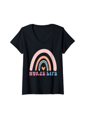 Womens Nurse Life Rainbow Heart Motivational Quote V-Neck T-Shirt