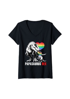 Womens Papasaurus Rex T Rex Dinosaur Proud Papa LGBT Rainbow V-Neck T-Shirt