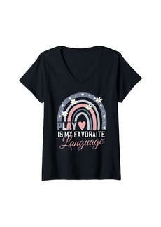 Womens Play Is My Favorite Language Rainbow Speech Therapy SLP V-Neck T-Shirt