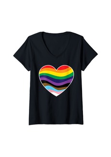 Womens Progress Pride Rainbow Heart LGBTQ | Gay Lesbian Trans V-Neck T-Shirt