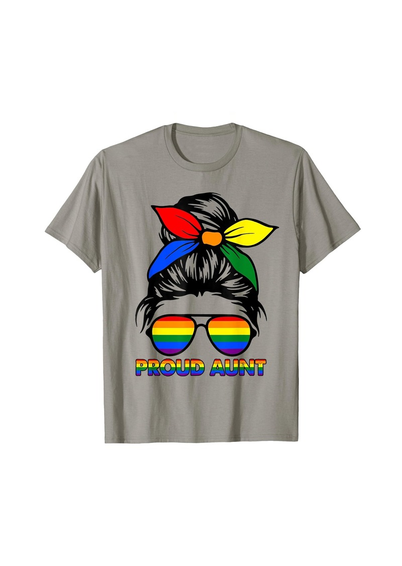 Womens Proud Aunt Messy Bun Rainbow LGBT Gay Pride Month T-Shirt