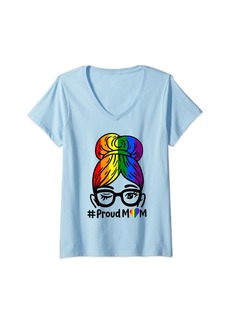 Womens Proud Mom Messy Hair Bun LGBT Rainbow Parent Gay Pride Women V-Neck T-Shirt