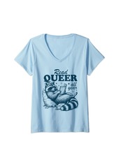 Rainbow Womens Raccoon Read Queer All Year LGBT Books Lesbian Gay Pride V-Neck T-Shirt