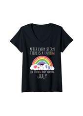 Womens Rainbow Baby Arriving July Funny Pregnancy Reveal Humor Gift V-Neck T-Shirt
