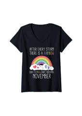 Womens Rainbow Baby Arriving November Funny New Baby Announcement V-Neck T-Shirt