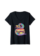 Womens Rainbow Boa Eating A Cheeseburger V-Neck T-Shirt