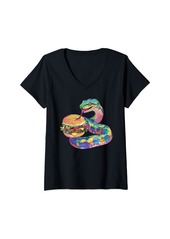 Womens Rainbow Boa Eating A Hamburger V-Neck T-Shirt