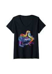 Womens Rainbow Boa Playing The Piano V-Neck T-Shirt