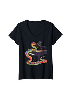 Womens Rainbow Boa Playing The Piano V-Neck T-Shirt