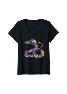 Womens Rainbow Boa With USA Hat V-Neck T-Shirt