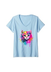 Womens Rainbow Cat a Watercolor Paint Colorful Flowers Cute Kitten V-Neck T-Shirt
