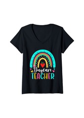 Womens Rainbow Daycare Teacher Squad Crew 1st Day of School Women V-Neck T-Shirt