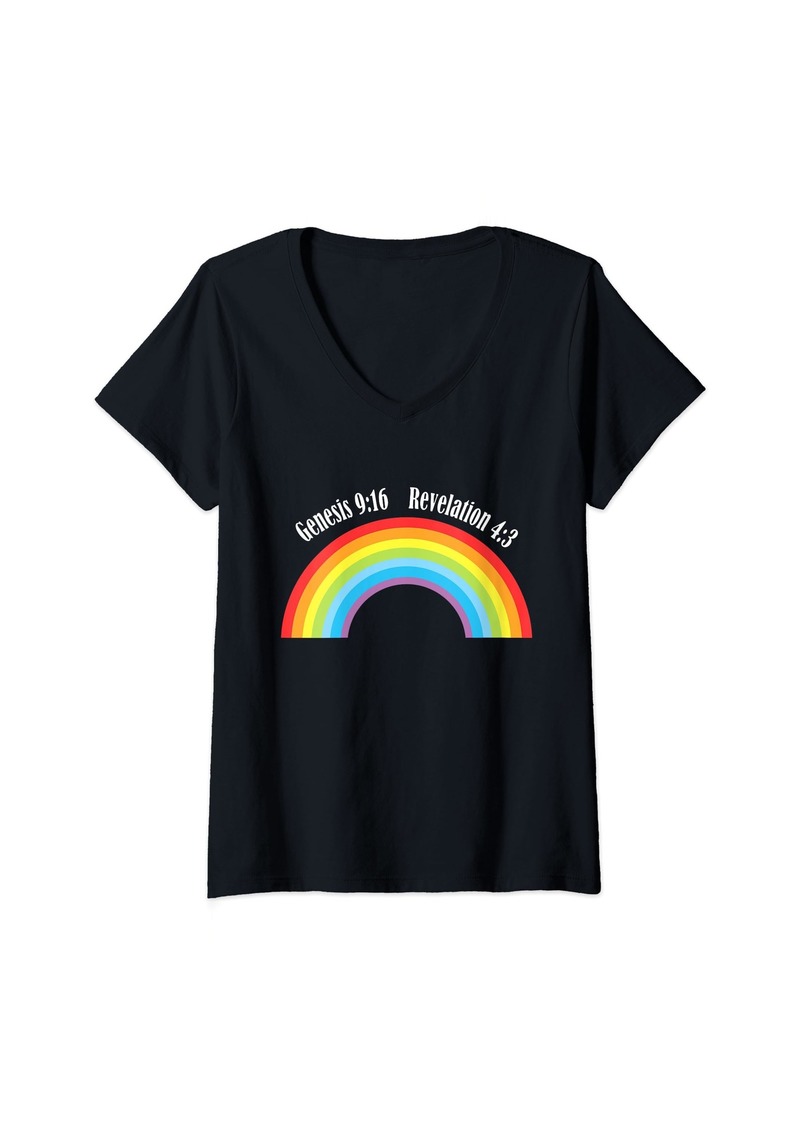 Womens Rainbow Genesis 9-13 Revelation 4-3 Bible Christian Lover V-Neck T-Shirt