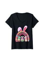 Womens Rainbow Happy Easter Day Cute Gnome Easter Bunny V-Neck T-Shirt