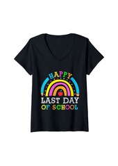 Womens Rainbow Happy Last Day of School For Teachers Students V-Neck T-Shirt