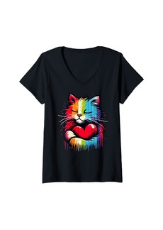 Womens Rainbow Heart Cat pride Colorful Feline Love Emblem V-Neck T-Shirt