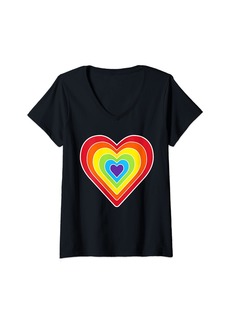 Womens Rainbow heart with retro style & multicolored stacked design V-Neck T-Shirt