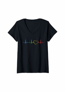 Womens Rainbow Heartbeat Gay LGBTQ Pride Month Gift V-Neck T-Shirt