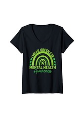 Womens Rainbow I Wear Green For Mental Health Awareness Month V-Neck T-Shirt
