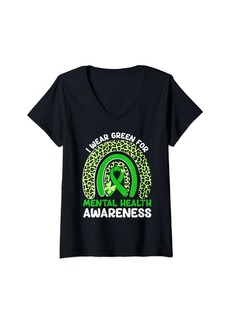 Womens Rainbow I Wear Green For Mental Health Awareness Month V-Neck T-Shirt