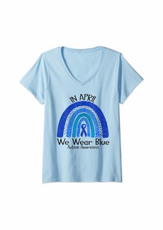 Womens Rainbow In April We Wear  Autism Awareness V-Neck T-Shirt