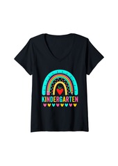 Womens Rainbow Kindergarten Squad Heart Crew 1st Day of School V-Neck T-Shirt